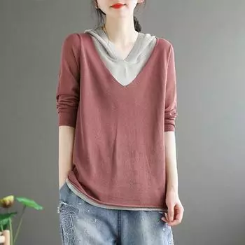 Универсальный трикотажный ретро-футболка из двух частей для женщин, весна-лето, свободный топ с капюшоном для похудения и уменьшения возраста XXL серый