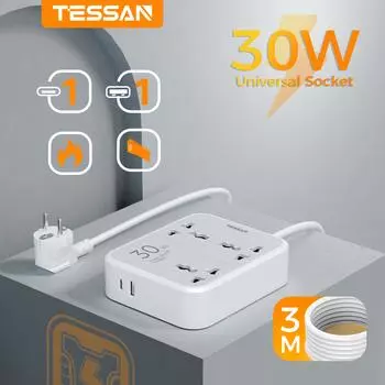 Универсальный удлинитель Tessan 30 Ватт 3 Outlets 1 USB A 1 USB C серый