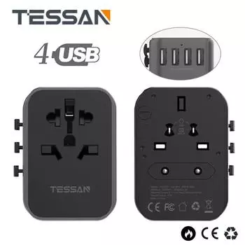 Универсальный универсальный адаптер TESSAN международного стандарта, 4 USB-порта, адаптер для зарядного устройства переменного тока для путешествий по миру, конвертер для Австралии, США, Великобритании, ЕС