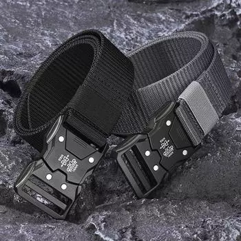 Универсальный военный тренировочный ремень для студентов на открытом воздухе - повседневный, дышащий, простой спортивный дизайн с пряжкой из сплава и имитацией нейлона чёрный
