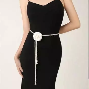 Универсальный жемчужный пояс с цепочкой на талии, декор в Корейском стиле, милый пояс с камелией на каждый день белый
