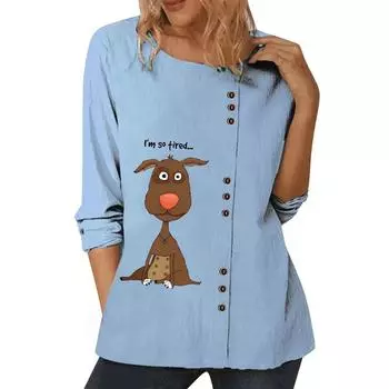 Универсальный женский синий топ с различными стильными узорами, круглым вырезом и длинными рукавами S