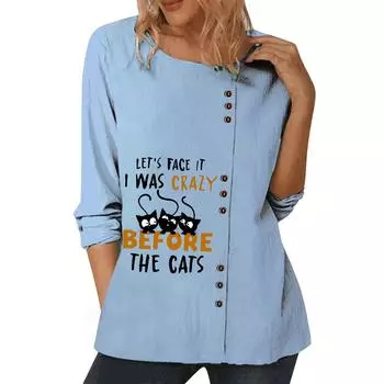 Универсальный женский синий топ с различными стильными узорами, круглым вырезом и длинными рукавами S