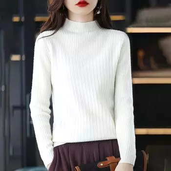 Универсальный женский тонкий пуловер, однотонный базовый свитер с длинным рукавом, осенне-зимний минималистичный трикотажный свитер с полуводолазкой One Size(40-60kg) белый