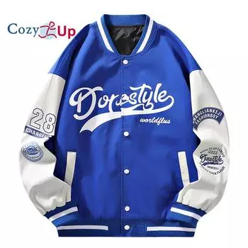 Университетская куртка с буквенным принтом, мужская повседневная куртка на пуговицах с цветными блоками для весенне-осеннего школьного бейсбола M синий