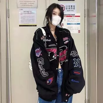 Университетская куртка женская повседневная гоночная куртка на молнии с длинным рукавом с принтом пальто зимняя одежда винтажная женская куртка-бомбер с цветными блоками XL чёрный