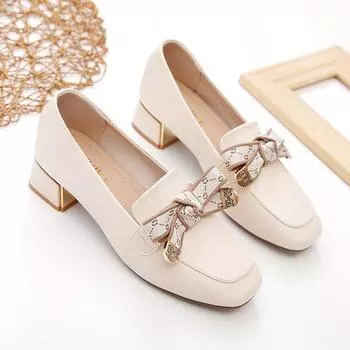 Unmun Square Head Single Shoes Женские британские маленькие кожаные туфли на толстом каблуке с мягким кожаным бантом Универсальные женские мокасины 35 бежевый