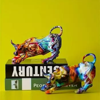 Уолл-стрит бык животное смоляная скульптура ремесла украшения, современный дом гостиная телевизор шкаф офис настольное украшение подарок