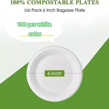 Упаковка из 100 бумажных тарелок размером 6 дюймов. Тарелки из 100% компостируемого материала. Прочные одноразовые бумажные тарелки. Экологичные тарелки из сахарного тростника для пикника.