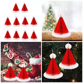 Упаковка из 10 рождественских сотовых подвесных украшений в форме шапки Санты, украшение из папиросной бумаги для праздничной вечеринки
