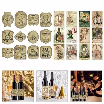 Упаковка из 12 винтажных этикеток на бутылки вина с надписью «С Новым годом», самоклеящиеся наклейки для любителей вина и украшения вечеринок A