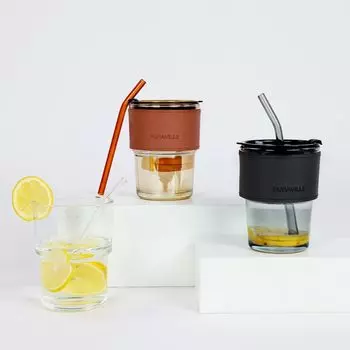 Упаковка из 2 стаканов для холодного кофе объемом 13,5 унций/400 мл с крышками и трубочками, стеклянные стаканы, толстостенная кофейная кружка с термоизоляционными рукавами, янтарного цвета 301-400ml