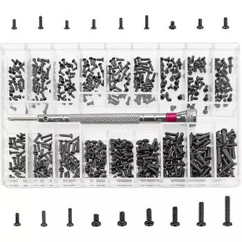 Упаковка из 500 комплектов мелких винтов, M1.2 M1.4 M2 крошечные микровинты, комплект сменных винтов для стекол часов и компьютеров чёрный