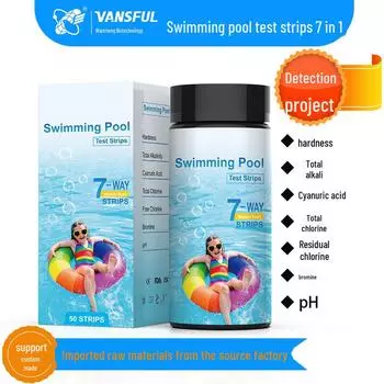 Упаковка из 50 тест-полосок 7 в 1 для определения качества воды в бассейнах, питьевой воде, прудах для разведения рыбы, горячих источниках — определение остаточного хлора и уровня pH 50 pieces