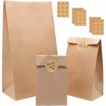 Упаковка из 60 бумажных пакетов с 60 наклейками, 3 размера, жироотталкивающие коричневые бумажные пакеты, подарочные пакеты для рождественской упаковки пищевых продуктов 60 Pieces