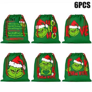 Упаковка из 6 льняных подарочных пакетов с двусторонней печатью на Новый год и карманом на шнурке 24 * 26 см зелёный