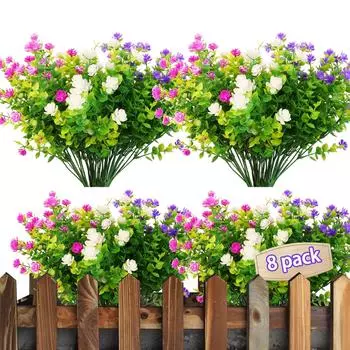 Упаковка из 8 балконных искусственных цветов для улицы, устойчивых к атмосферным воздействиям, устойчивых к ультрафиолетовому излучению, уличных растений, пластиковых цветов для дома, сада, свадьбы, вечеринки 8 Pieces