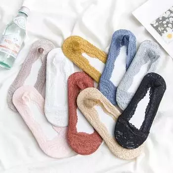 упаковка Женские летние носки для девочек Silica Transparent Lace Boat Socks для девочек из хлопка Невидимые противоскользящие носки No Slip No Show Socks one size чёрный