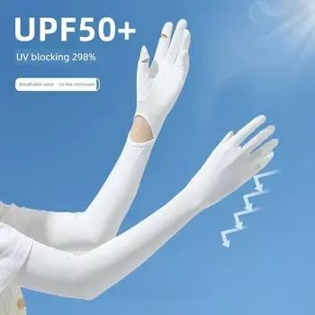 UPF50 + Ледяной шелк Длинный Летний Защита от солнца Защита от УФ-лучей Ледяной рукав Сенсорный экран Нескользящий Женский Велоспорт Охлаждающее ощущение Тонкий White [wrist opening]] All yards