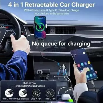 Upgraded 4 in 1 Retractable Car Charger 120W Super Fast Car Phone Charger Adapter with Telescopic Cord for iPhone Sumsung Huawei
