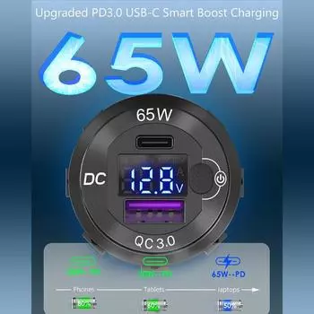 Upgraded 83W PD Car Charger 12V/24V USB Outlet Laptop PD & QC3.0 Port Socket with LED Digital Display & Power Switch for ATV RV