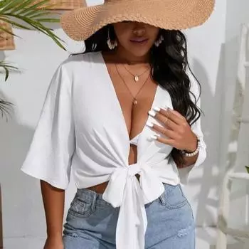 Упитанная блузка большого размера для отпуска с солнцезащитным кремом, женская сексуальная, с глубоким V-образным вырезом, облегающая пляжная одежда XL