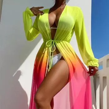 Упитанная пляжная одежда больших размеров для женщин, сексуальная и тонкая дышащая сетчатая блузка с длинными рукавами для отдыха, солнцезащитный крем XL