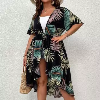 Упитанная женская пляжная одежда больших размеров с принтом, женская сексуальная облегающая блузка для отдыха с солнцезащитным кремом XL зелёный