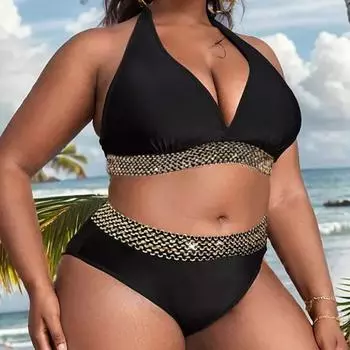 Упитанный плюс размер сексуальный обтягивающий купальник бикини с высокой талией раздельный купальник женский XL чёрный