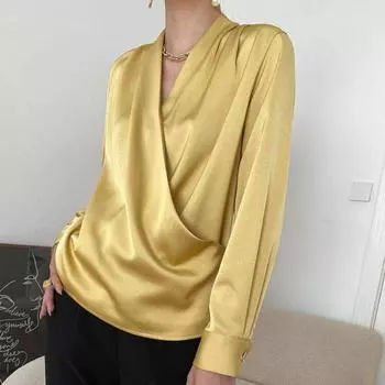 Upper Body Super Elegant ~ Commuting Intellectual | Texture Good @ Solid Long sleeve Satin Satin Hemp Gloss Shirts Women s Top Luxury gold M