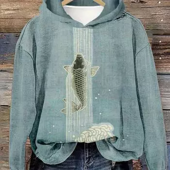 Upstream Koi Японский художественный принт с длинным рукавом Толстовка Женская стандартного кроя Пуловер Толстовка со случайным рисунком животных S