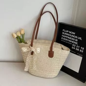 Ur Holiday Style Beach Woven Straw Bag Women 2025 Summer New Trendy Large Capacity Commuter Shoulder Tote Bag Beige White