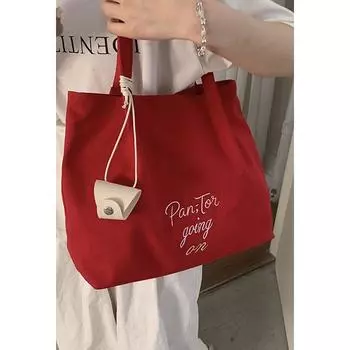 Ur Korean Series Idle Style Red Canvas Bag Women 2025 New Trendy Large Capacity Work Commuter Shoulder Tote Bag Red