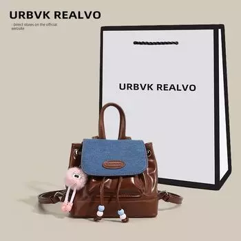 Ur Women s Bag 2025 New Retro Cute Denim Contrast Color Backpack Portable Girl Student Schoolbag Backpack Fashion Brown(The same gift bag for the store)