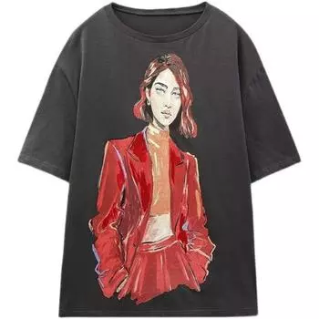 Ur Za Cos Осень-Зима Новая Женская Одежда Свободная Универсальная Контрастного Цвета Девичья Футболка с Принтом 5644512 Medium gray M