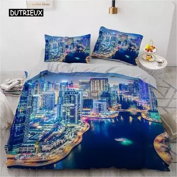 Urban Night View Duvet Cover Set Brightly Lit Night Scene Bedding Set for Teens Adults Queen Size Soft Microfiber Quilt Cover US Queen(228x228cm)