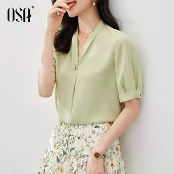 Urban OSHA Summer Chiffon Fancy V-neck Short Sleeve Light green A XL
