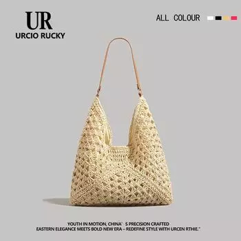 Urcio Rucky Brand Large Capacity Straw Woven Tote Bag Women s 2025 New Arrival Summer Beach Travel Shoulder Bag Creamy-white pure hand woven bag]