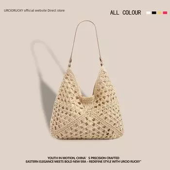 Urcio Rucky Brand Straw Woven Bag Women s 2025 New Arrival Large Capacity Versatile Summer Vacation Tote Bag Creamy-white [same store]]