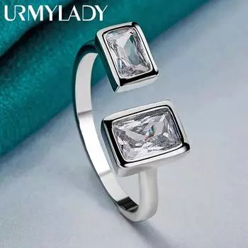 URMYLADY Стерлингового Серебра 925 пробы двойной квадратный циркон открытое кольцо для женщин Свадебная вечеринка очаровательные ювелирные изделия Adjustable