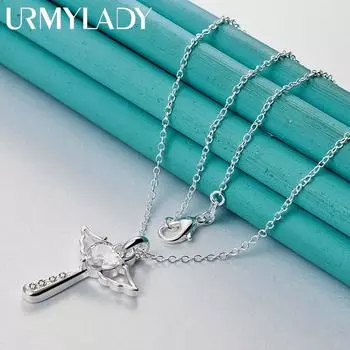 URMYLADY Стерлингового Серебра 925 пробы Крест Ангел AAAAA Циркон Ожерелье Для Женщин Свадьба Помолвка Модные Ювелирные Изделия 45cm
