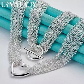 URMYLADY стерлингового серебра 925 пробы, мульти-тонкая цепочка с подвеской в форме сердца, ожерелье для женщин, свадебная вечеринка, модные очаровательные ювелирные изделия 45cm