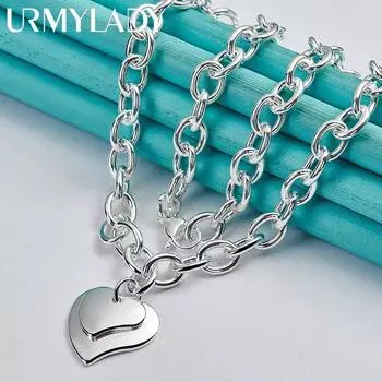 URMYLADY стерлингового серебра 925 пробы с двойным сердцем 18 дюймов кулон ожерелье для женщин свадьба помолвка модные украшения 45cm
