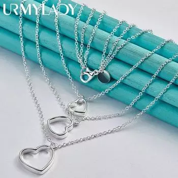 URMYLADY стерлингового серебра 925 пробы с тремя сердечками в форме кулон-ожерелья для женщин, свадебных вечеринок, модные украшения 45cm