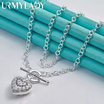 URMYLADY стерлингового серебра 925 пробы сердце AAAAA циркон кулон ожерелье для женщин свадебная вечеринка модные украшения 50cm
