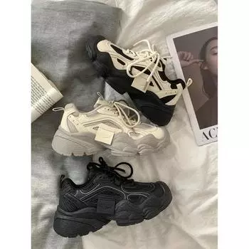 Уродливые милые кроссовки с большой головой женские 2024 корейская версия сетчатые дышащие маленькие белые туфли универсальные кроссовки для бега повседневные 35 чёрный