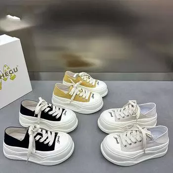 Уродливые милые повседневные парусиновые туфли с большой головой, женские, весна-лето 2025 г., новые, на толстой подошве, увеличивающие рост, на мягкой подошве, повседневные спортивные туфли 35 чёрный