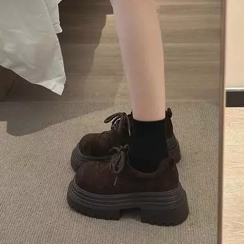 Уродливые милые ретро-лоферы с большой головой, женские, новинка 2025 года, замшевые туфли в британском стиле с круглой головой, на шнуровке, универсальные маленькие кожаные туфли 35 верблюд