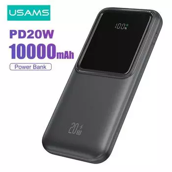 USAMS 10000 мАч Power Bank 20 Вт Type C PD Powerbank с быстрой зарядкой Портативное зарядное устройство Встроенные кабели для iPhone 15 Redmi POCO чёрный