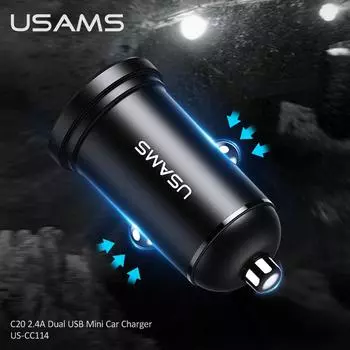 USAMS 2.4A 5V Dual USB Автомобильное зарядное устройство USB 2 порта Адаптер прикуривателя Зарядное устройство Мини-адаптер питания для смартфонов IPhone IPad Huawei Samsung Xiaomi 2.4A Car Charger чёрный